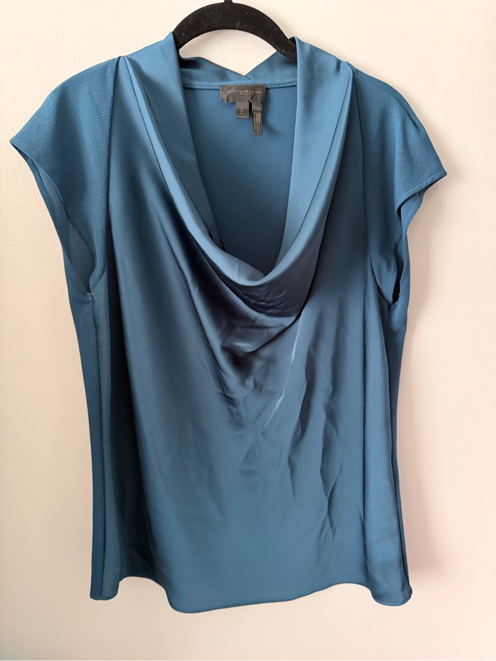 Donna Karan Slate Blue Draped Cowl Cap Sleeve Blouse